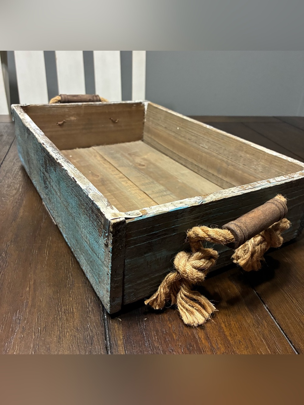 Farmhouse Painted Wood Rectangle Serving Tray Rope Handles Brown White Blue